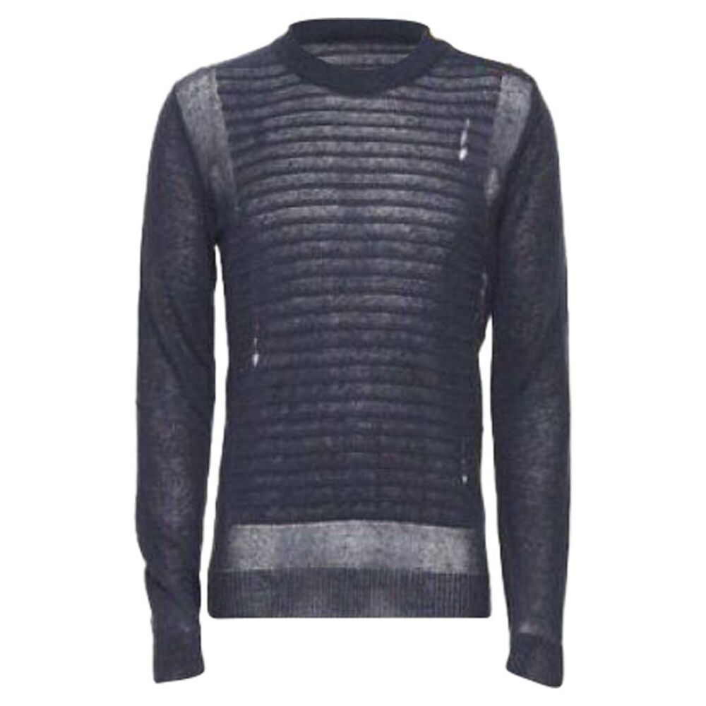 BALMAIN 100% linen navy stripe gold military button distressed sweater XS